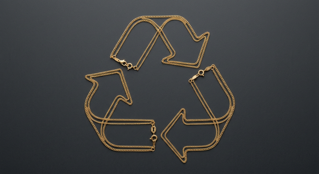 Guldsmycken som ligger utlagt som återvinningssymbolen