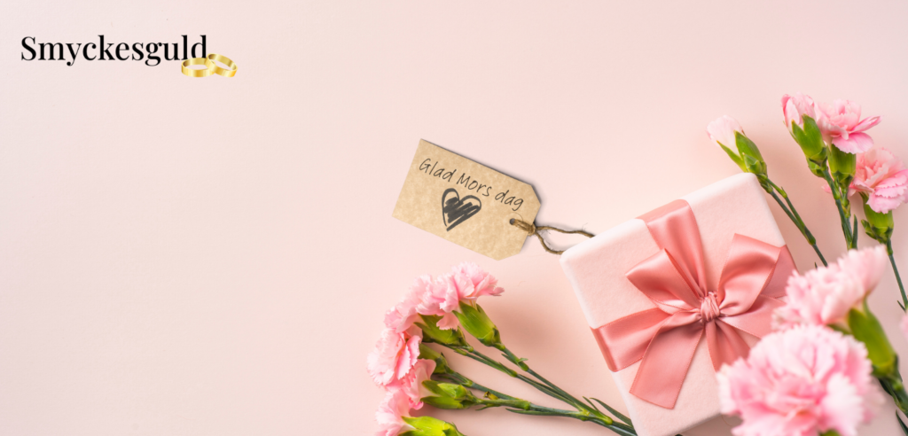 Presentask, blommor och handskriven lapp i högra hörnet