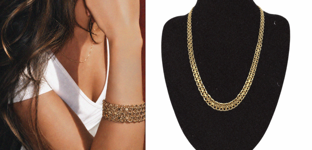 X-länk armband och halsband i guld.